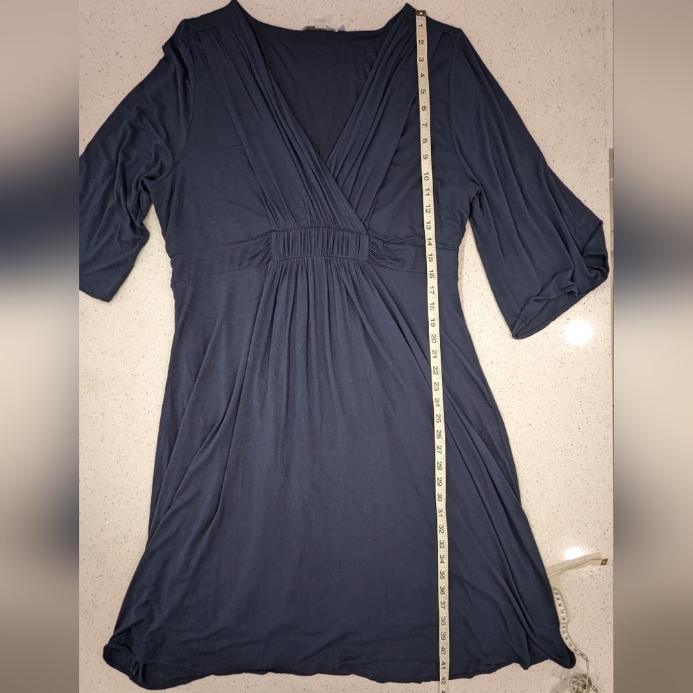 Boden Navy Blue Draped Jersey Midi Dress 3/4 Bell Sleeve Faux Wrap Stretch 16R - Picture 5 of 11